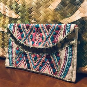 Boho Embroidered Handbag Clutch w/ Gold Coin Trim